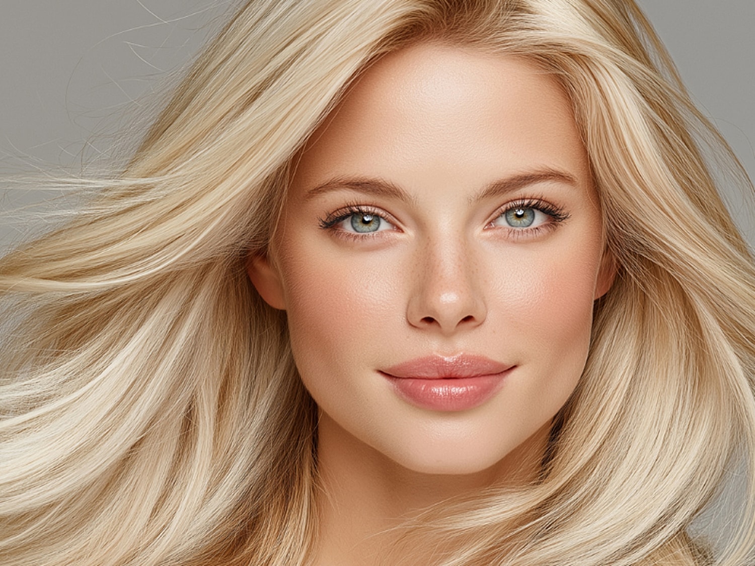 Blonde woman with flowing hair and glowing skin