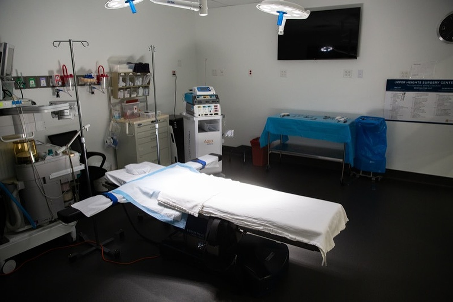 Surgical room with operating table and equipment.